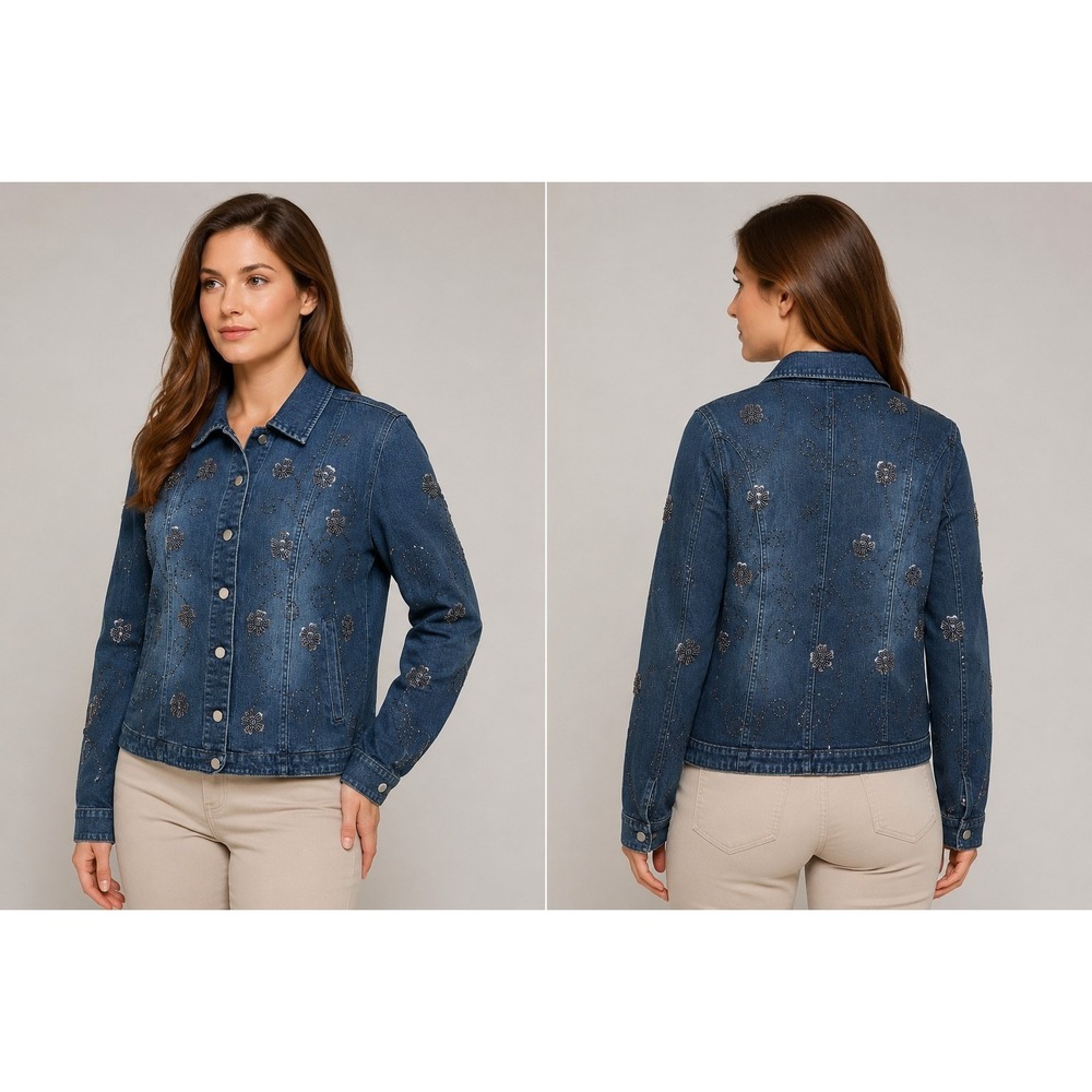 Women's‎ Embellished Denim Jacket Blue Floral Beaded Sz Medium Button Front